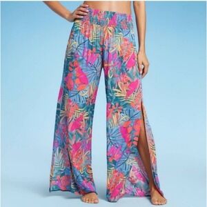 Kona Sol Wide Leg Side Slit Hawaiian Floral Beach Pants Cover Up Swim Size Small